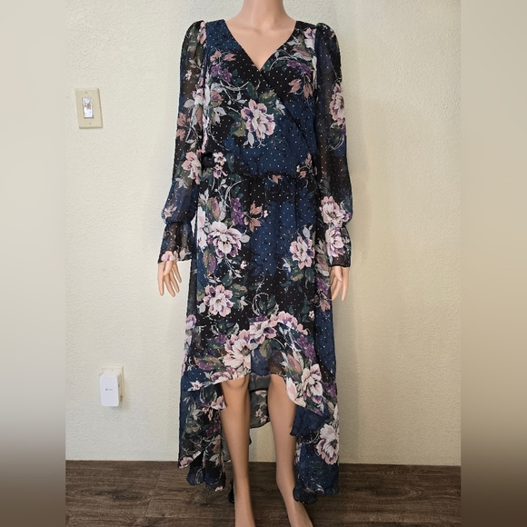 Free Press Clothing Sheer Long Sleeve Floral Faux Wrap Dress  Size Medium green - Picture 1 of 10